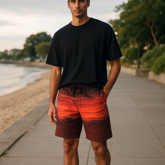 Men's Brown and Orange Swim Shorts - Picture 1 of 6